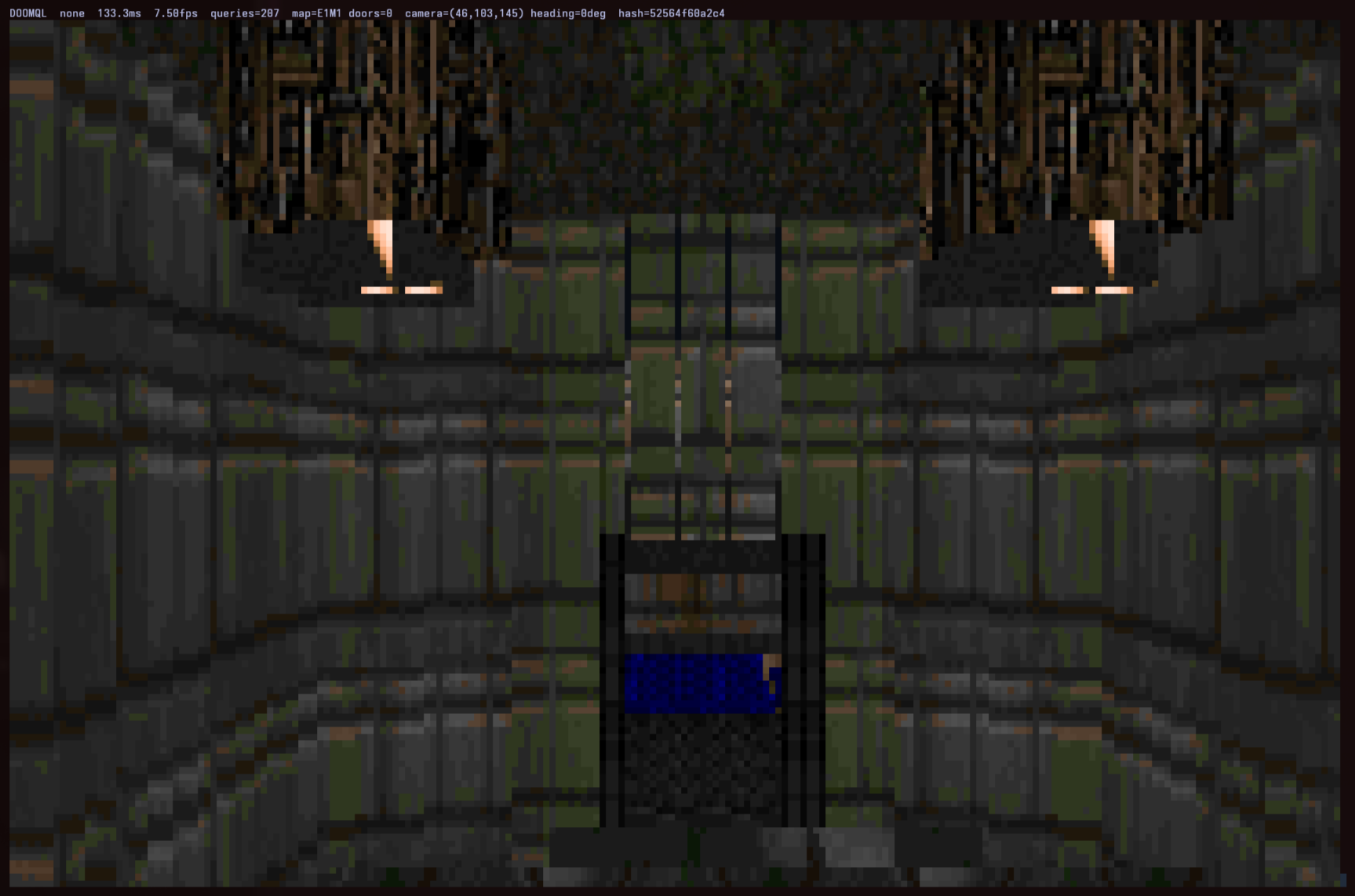 DoomQL render: green marble hall with torch sconces in E1M1