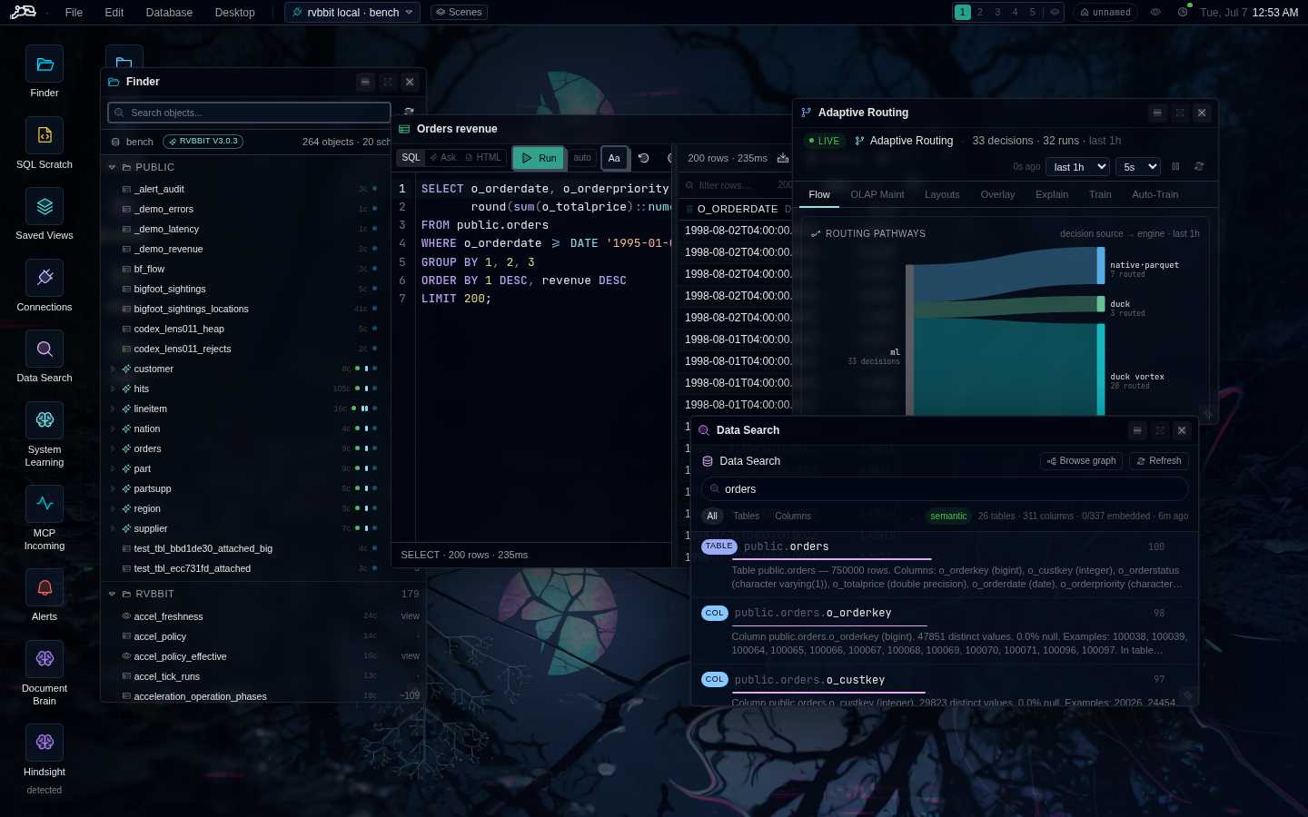 Data Rabbit — a desktop over any Postgres, lit up on an RVBBIT database: adaptive routing, model deploys, the operator canvas, the knowledge graph, and live receipts.