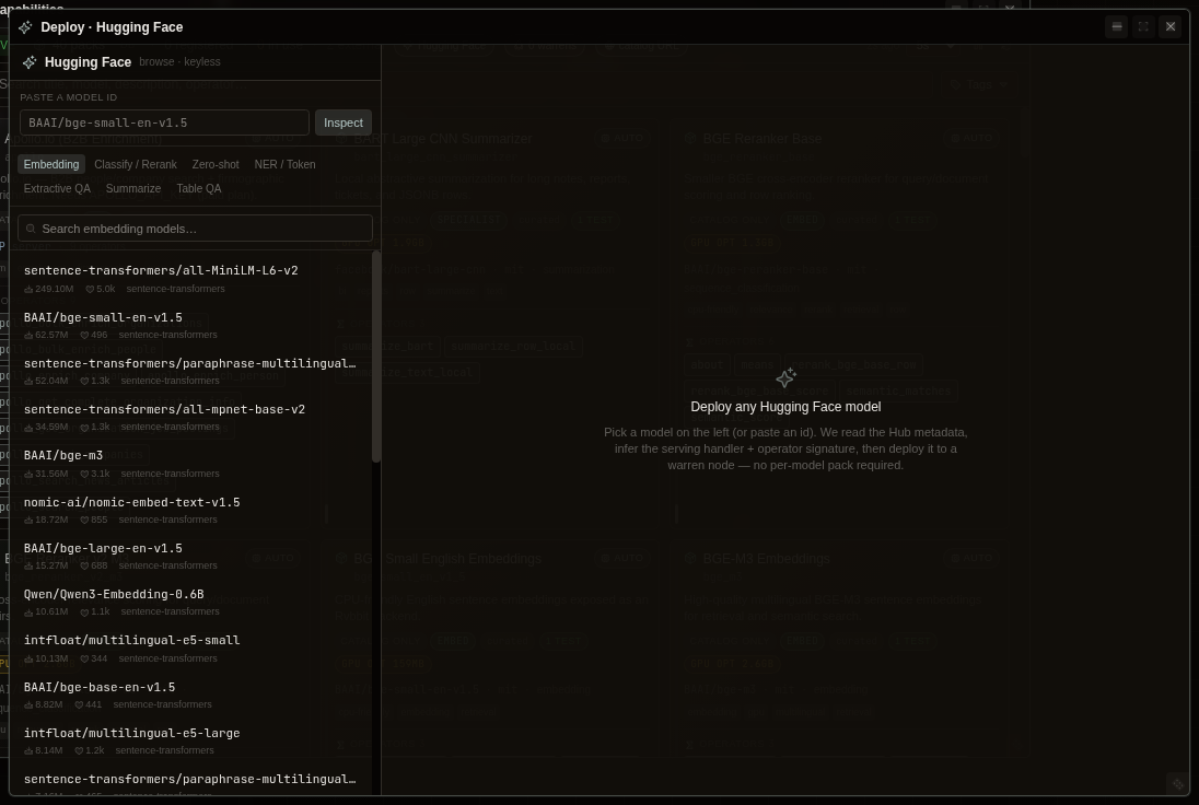 Deploy from Hugging Face in Data Rabbit - paste a model ID, inspect it, and run a scaffold → build → register → operator → smoke pipeline that turns it into a typed SQL operator, deployed local or to a managed runtime.