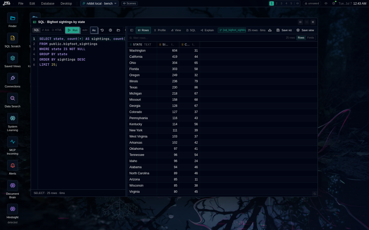 A SQL window — CodeMirror editor over a virtualized grid, with rows / profile / chart / explain body tabs.